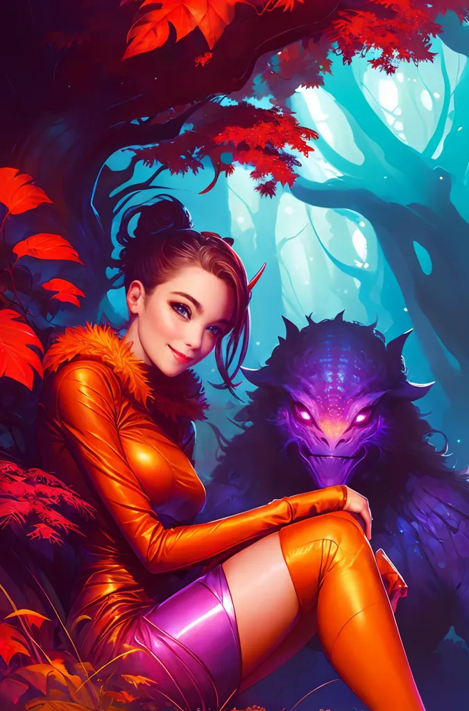 This is an image of a woman with long brown hair and purple eyes. She is wearing an orange bodysuit and purple boots. She is sitting in a forest with a purple creature with horns. The creature has its hand on her leg. The woman has a smile on her face.