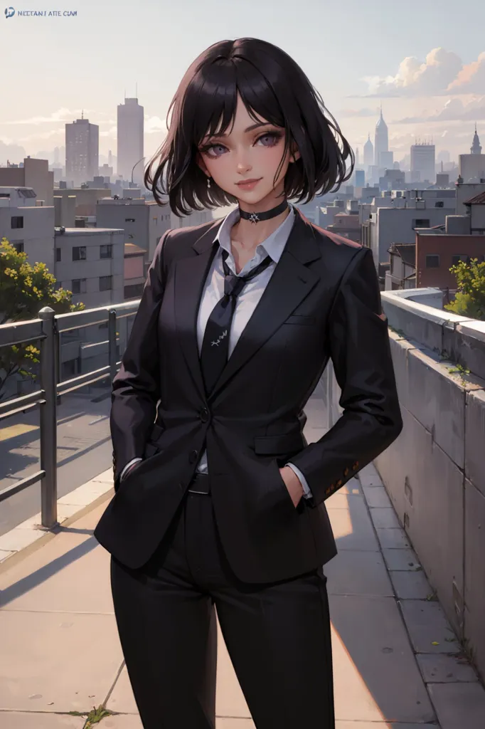 The image shows a young woman with short black hair and purple eyes. She is wearing a black suit and tie. She is standing on a rooftop in a city. There are buildings and trees in the background. The sky is blue with white clouds.