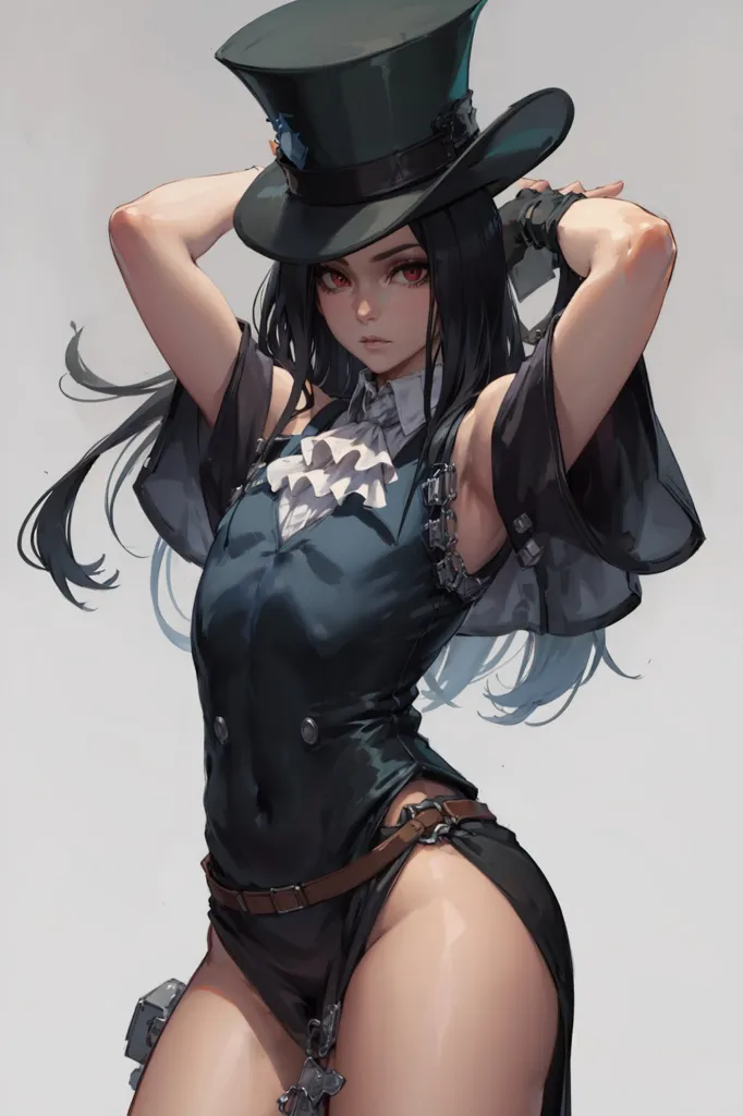 The image is of a beautiful young woman with long black hair and red eyes. She is wearing a black top hat, a black corset, and a black skirt with a thigh-high slit. She is also wearing a brown belt with a large buckle and black boots. She is standing with her arms in the air, and she has a confident expression on her face. The background is a light gray color.