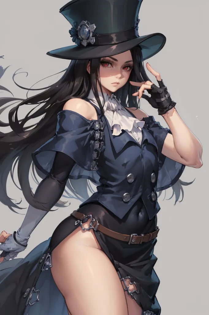 La imagen es de una mujer que lleva un atuendo de estilo steampunk. Lleva un sombrero de copa negro con una banda azul alrededor. Tiene el cabello negro largo y ojos rojos. Lleva un corsé azul y blanco con una falda negra larga. También lleva guantes y botas negros. Está de pie en una pose segura con una mano en la cadera y la otra sosteniendo su sombrero.