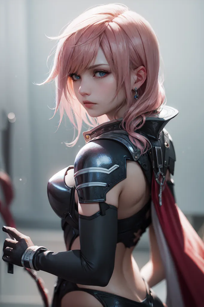 The image shows a young woman with pink hair and blue eyes. She is wearing a black and pink outfit and has a sword on her back. She is standing in a fighting stance, with her left hand raised and her right hand holding the sword. Her expression is serious and determined. The background is a blur of light and dark colors.