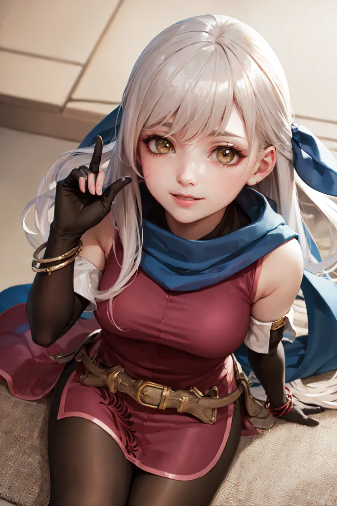 The image is a painting of a young woman with long white hair. She has amber eyes and is wearing a red and blue outfit. She is sitting on a cushioned surface with one hand raised in the air. She has a confident smile on her face and is looking at the viewer.