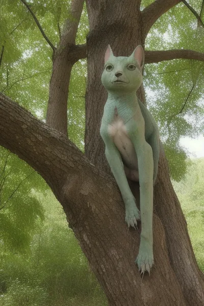 Cette image montre une créature verte ressemblant à un chat assise sur une branche d'arbre. La créature a le corps d'un chat, mais le visage d'un humain. Elle est assise sur une grosse branche d'arbre, et il y a des feuilles sur l'arbre. La créature regarde le spectateur avec une expression curieuse.