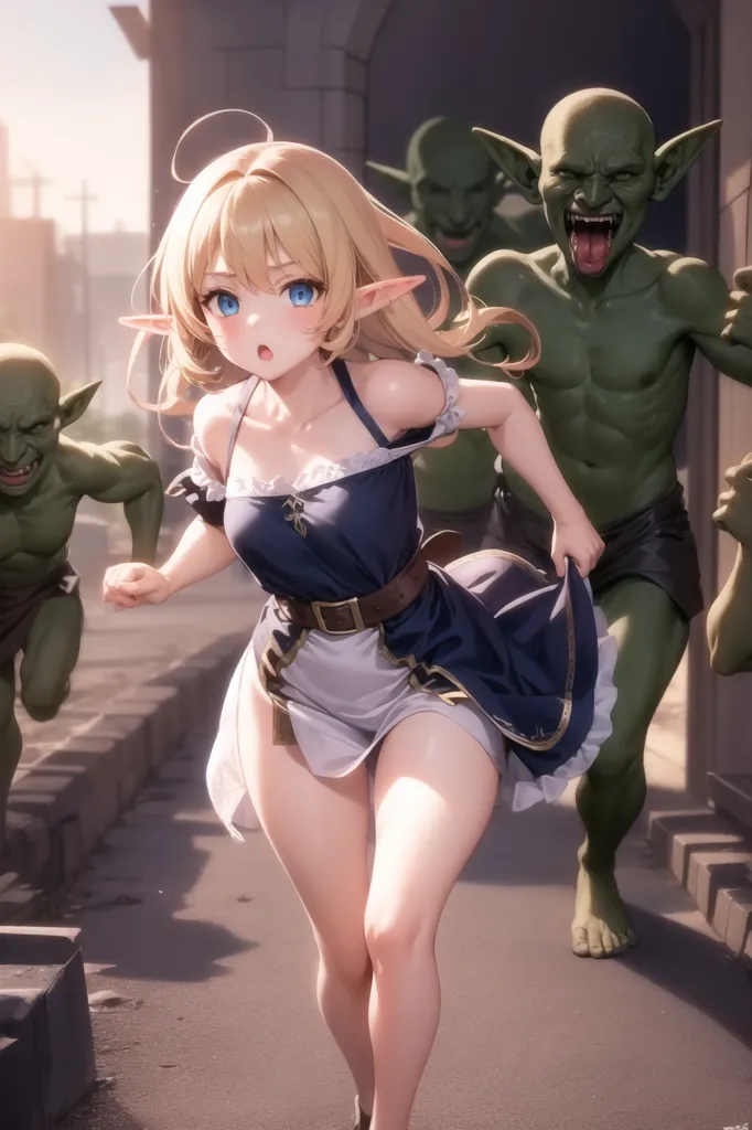 The image is of an anime-style elf girl with blonde hair and blue eyes. She is wearing a blue dress with a white camisole underneath. She is running away from three green goblins. The goblins are all muscular and have large mouths with sharp teeth. The elf girl is looking back at the goblins with a fearful expression on her face. She is running as fast as she can, but the goblins are gaining on her. The image is set in a medieval-style town. The buildings are made of stone and wood, and the streets are cobbled.