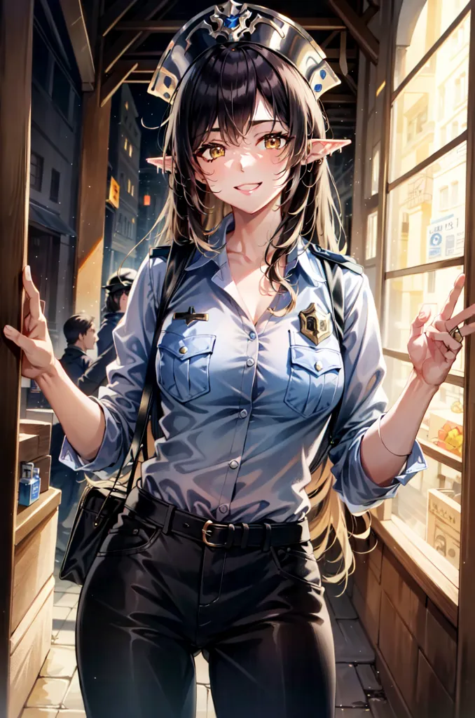 The picture shows an anime-style policewoman with long brown hair and green eyes. She is wearing a blue police uniform shirt with a badge on it. She is also wearing a black belt, black pants, and a brown bag is hanging from her shoulder. She has elf ears and is smiling. She is standing in a doorway and there are two men in the background.