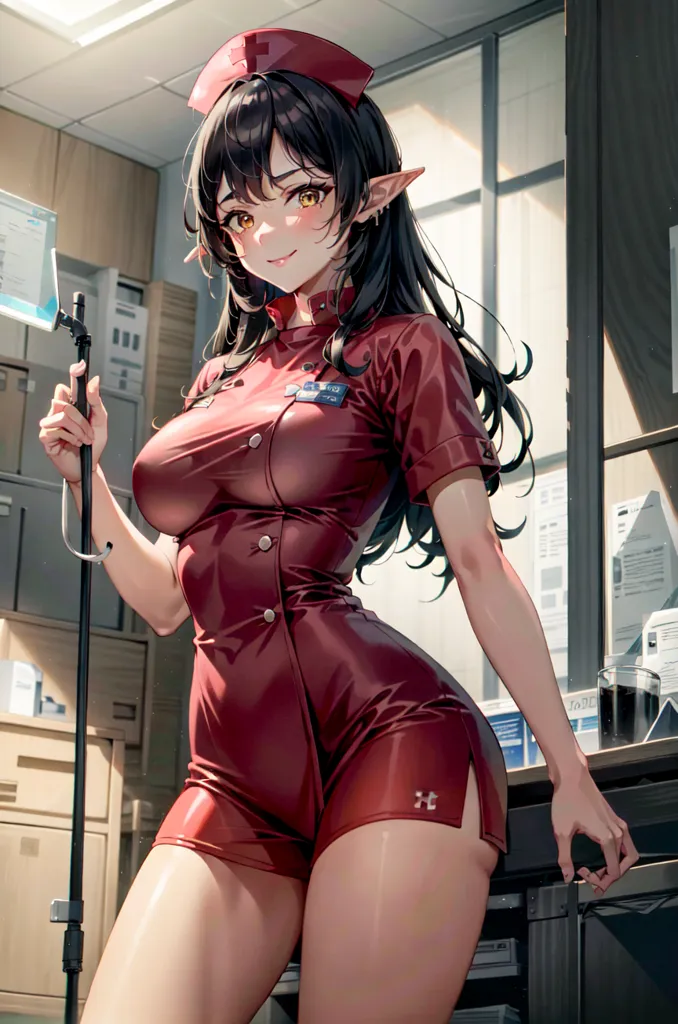 L'image représente une belle fille elfe de style anime aux longs cheveux noirs et aux yeux dorés. Elle porte une tenue d'infirmière rouge avec un col blanc et une croix rouge sur son chapeau. Elle se tient dans une chambre d'hôpital, avec une table médicale derrière elle. Elle tient un stéthoscope dans sa main droite. Elle a un sourire amical sur le visage.