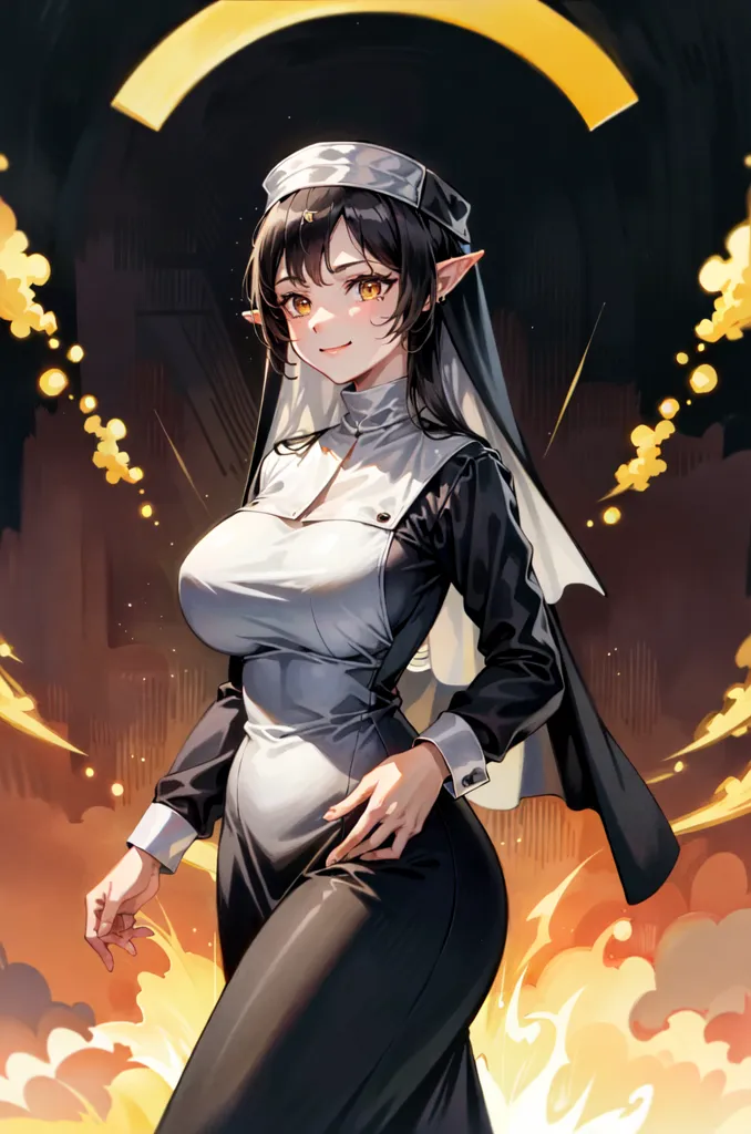 The image is of a young woman with long black hair and brown eyes. She is wearing a black nun's habit with a white collar. The habit is open at the chest, revealing a large amount of cleavage. She is also wearing a pair of black stockings and a pair of brown shoes. She has a smug expression on her face and is looking at the viewer with her right hand on her hip. There is a bright light with an orange hue behind her.