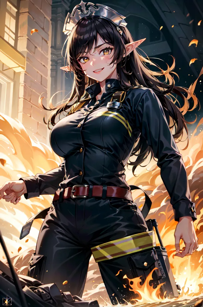 The picture shows a young woman dressed in a black firefighter's uniform. She has long brown hair, yellow eyes, and elf ears. She is standing in front of a burning building, and there are flames all around her. She is smiling and looks confident and determined. She is wearing a firefighter's helmet and an oxygen tank on her back. She is also wearing a belt with a radio attached to it.