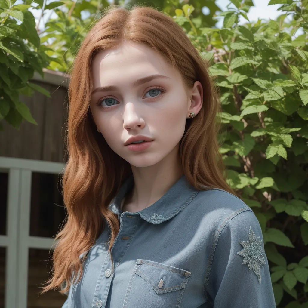 A imagem mostra uma jovem mulher com cabelos longos e ondulados, de cor vermelha, e olhos azuis. Ela está usando uma camisa jeans azul com um colarinho branco e bordados florais no peito. O fundo é um borrão verde, o que sugere que ela está em pé em um jardim ou outro ambiente externo.