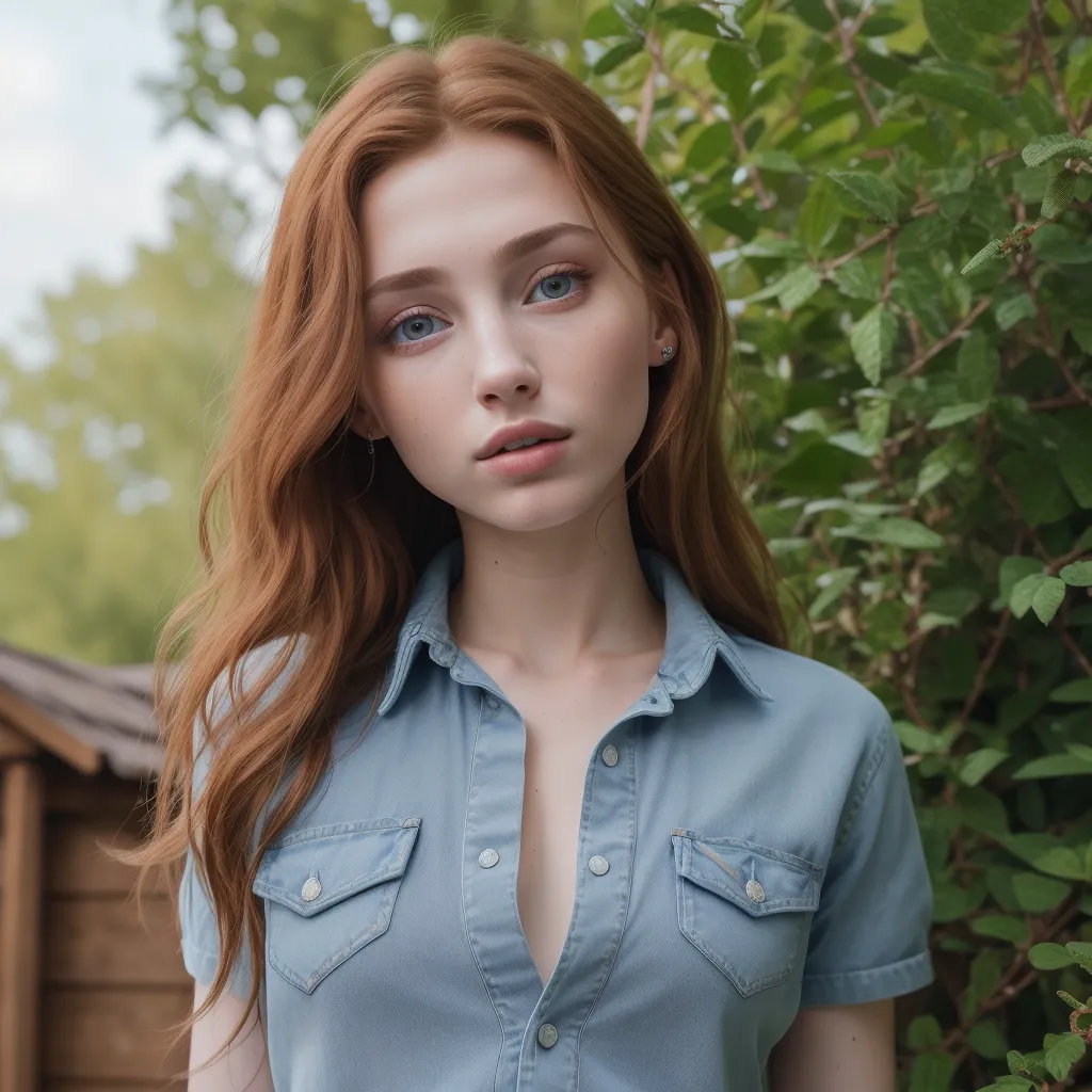 The image is a portrait of a young woman with long, wavy red hair and blue eyes. She is wearing a blue denim shirt and has a soft, natural expression on her face. The background is a blur of green leaves, which suggests that she is standing in a garden or other outdoor setting. The image is taken from a slightly elevated angle, which makes the woman appear to be looking down at the viewer.