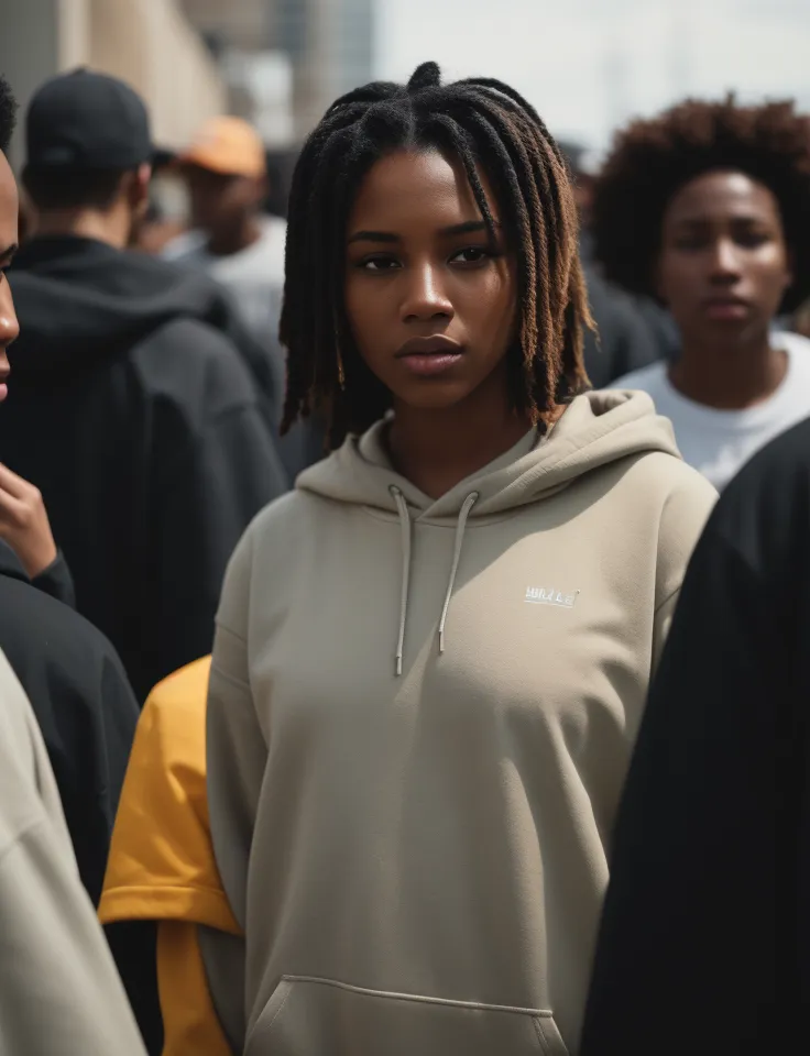 Cette image montre une jeune femme aux longs cheveux bruns coiffés en dreadlocks debout dans une foule de personnes. Elle porte un sweat à capuche beige et regarde la caméra avec une expression sérieuse. Les gens autour d'elle portent divers vêtements, notamment des sweats à capuche noirs, des vestes jaunes et des casquettes de baseball. L'arrière-plan est flou, mais on dirait que la foule est rassemblée dans une rue de la ville.