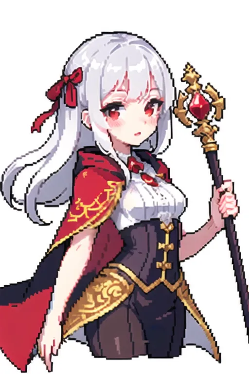 It is a pixelated image of a girl with white hair and red eyes. She is wearing a red and white outfit with a gold and red cape. She is holding a staff with a red jewel on the top.