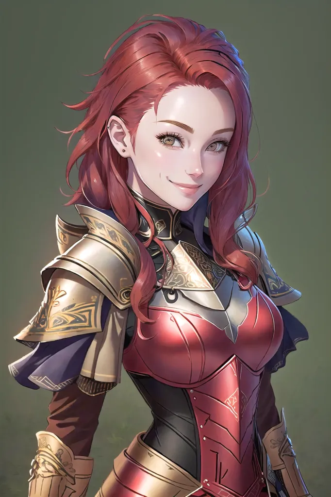 This is an image of a woman with red hair and green eyes. She is wearing a red and gold breastplate with matching shoulder pads. She has a friendly smile on her face.