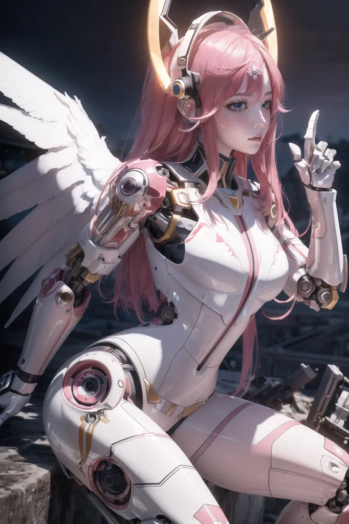 The image is of a beautiful anime-style female robot with long pink hair and white and pink armor. She has angel wings and is sitting on a pile of rubble. The background is dark and there are ruins in the distance. The robot is looking at the viewer with a serious expression. She is wearing a white and pink bodysuit with a metal breastplate and a large collar. Her arms and legs are covered in armor and she has a pair of white and pink wings. She is also wearing a pair of headphones. The robot is sitting on a pile of rubble and there are ruins in the background. The image is a digital painting and is very detailed.