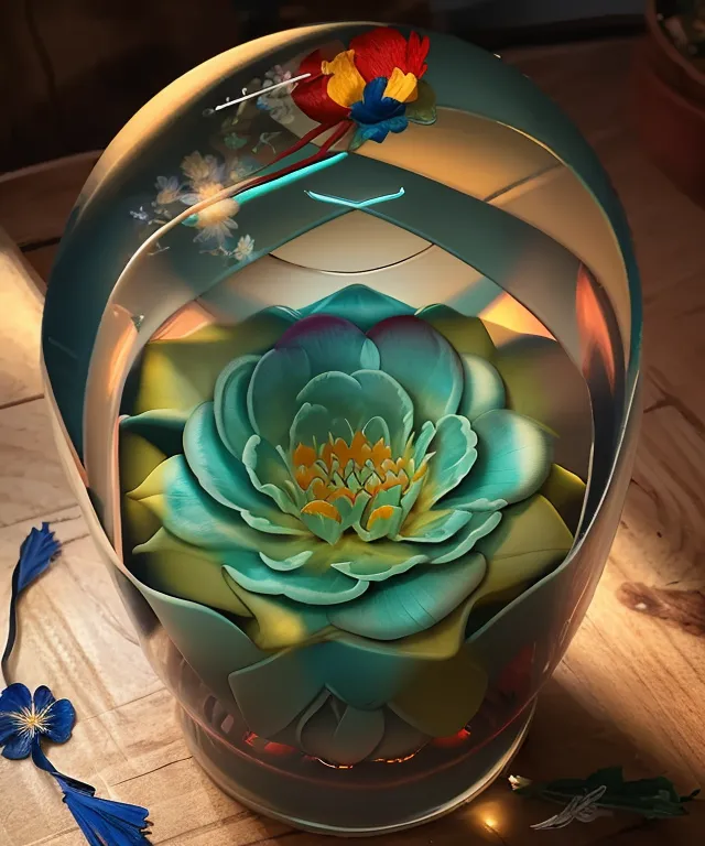 この画像は、ガラスのドームの中に青と緑の花が描かれた3Dレンダリングです。花の中心部は黄色になっています。ガラスのドームは透明で、銀色のリムが付いています。ドームは木製のテーブルの上に置かれています。テーブルの上には、ドームの横に小さな花や葉が置かれています。