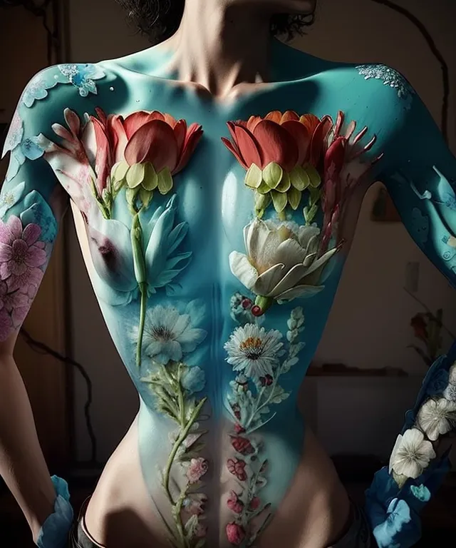 The image is a photograph of a woman's torso. The woman is standing with her arms at her sides, and her head is turned slightly to the right. Her torso is covered in a blue paint with various flowers, leaves, and vines painted on in great detail. The flowers are mostly red, white, and pink, and the leaves are green. The background of the image is a dark blue.