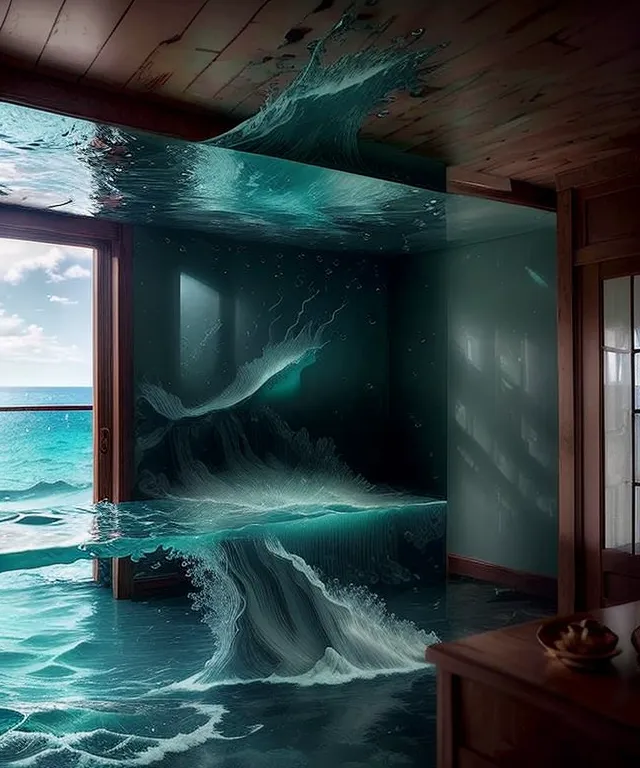 The image is a surreal and realistic painting of a room that is half-submerged in water. The water is depicted as being very clear and transparent, and the room is furnished with a variety of furniture, including a bed, a dresser, and a table. The walls of the room are painted a light blue color, and the ceiling is painted a dark blue color. The floor of the room is covered in water, and the waves are depicted as being very large and powerful. The image is very realistic and gives the viewer the impression that they are actually standing in the room.