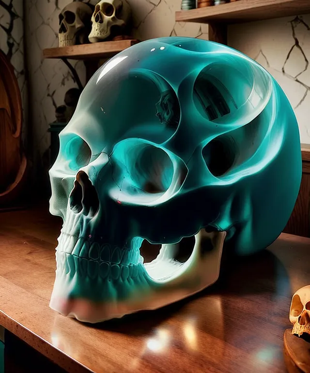 The image is a 3D rendering of a skull made of blue and green glass. The skull is sitting on a wooden table and there is a skull made of bone sitting next to it. There are shelves in the background with more skulls sitting on them. The skull is lit by a spotlight and there is a dark background behind it.