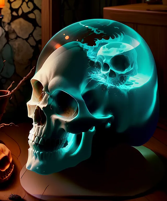 The image is a 3D rendering of a skull. The skull is made of bone and has a blueish-white color. Inside the skull, there is a smaller skull that is made of a blue liquid. The liquid skull is contained within a glass dome. The skull is sitting on a wooden table and there is a candle next to it. The background is a dark room with a stone wall.