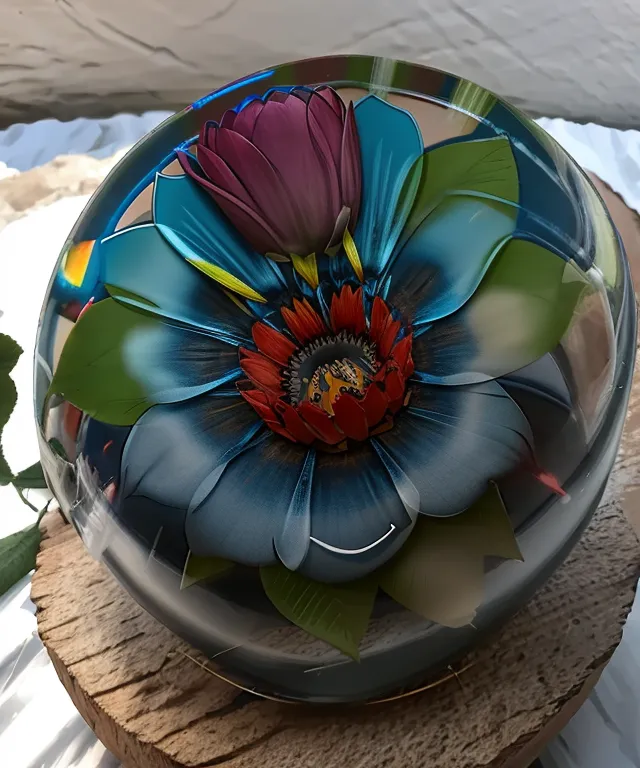 The image is a 3D rendering of a glass ball with flowers inside. The ball is sitting on a wooden table. The flowers are a dark pink tulip, a red and yellow daisy, and some green leaves. The ball is clear and you can see the flowers and leaves inside. The background is a blurred image of a white wall.