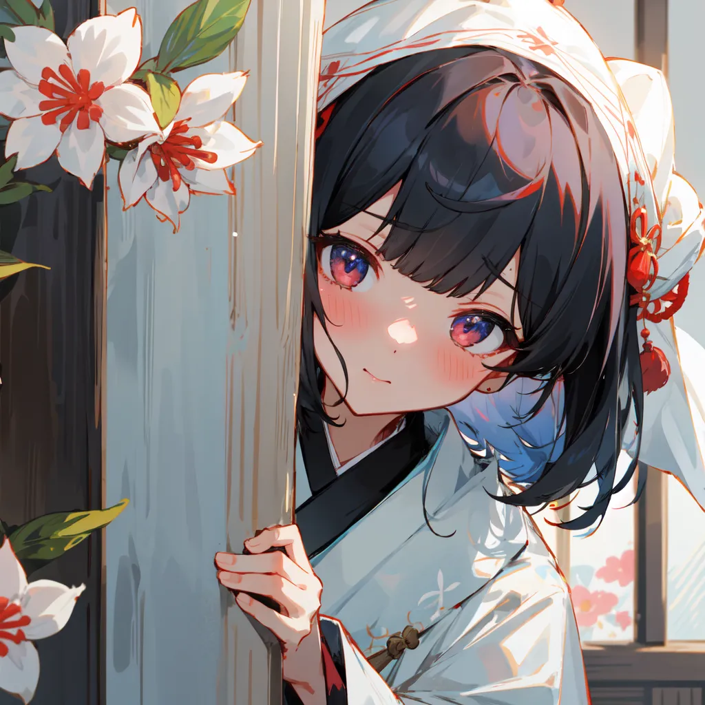 La imagen es una pintura de una mujer joven con un kimono tradicional japonés. Tiene el cabello negro largo y ojos morados, y lleva un kimono blanco y rojo con un patrón floral. Está de pie en el umbral de una puerta, asomándose desde detrás del marco. Hay flores blancas con centros rojos en el fondo. La pintura está hecha en un estilo realista, y el artista ha prestado mucha atención al detalle. La expresión de la mujer es de timidez y curiosidad, y la pintura captura la belleza y la gracia de la cultura tradicional japonesa.