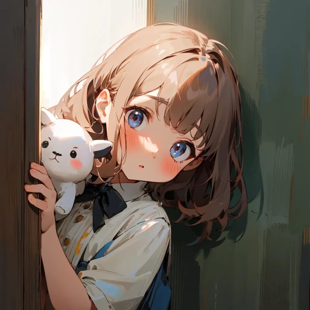 The image is a painting of a young girl with brown hair and blue eyes. She is wearing a white shirt and a blue skirt. She is holding a stuffed animal and peeking out from behind a door. The background is a blur of light and dark colors. The girl's expression is one of curiosity and wonder.