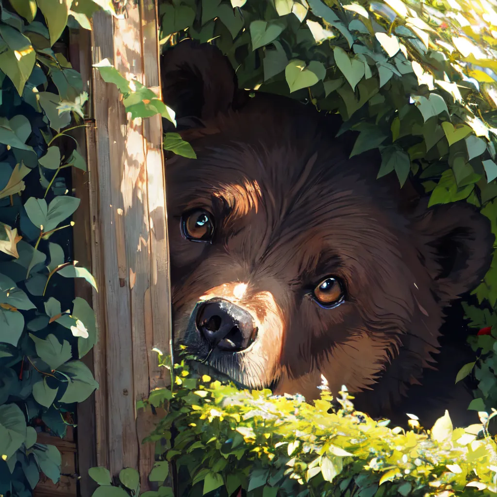 The image is a painting of a bear peeking out from behind a wooden fence. The bear is brown with light brown fur around its eyes. It has dark brown eyes and a black nose. The fence is made of vertical wooden planks with a few green leaves growing on it. The bear is standing on the other side of the fence, hidden by the leaves. The background is a blur of green leaves. The painting is done in a realistic style and the fur on the bear is especially well-rendered.