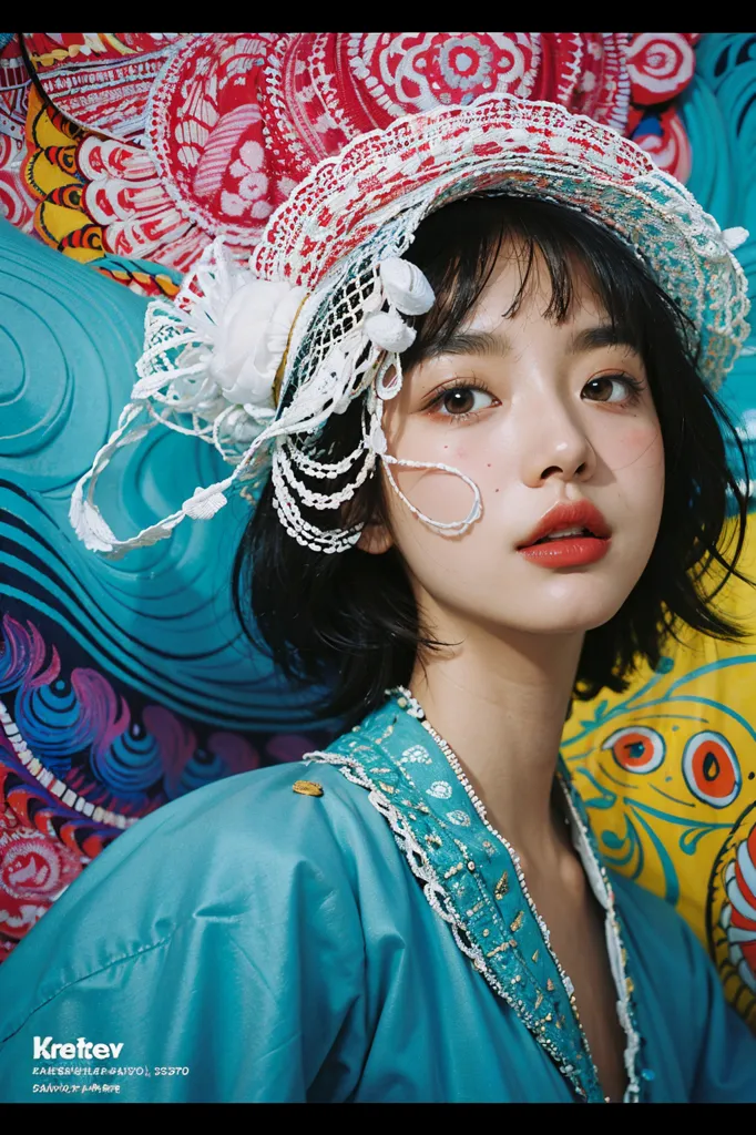 The picture shows a young woman with short black hair. She is wearing a blue shirt with white collar and a red and white hat with a white flower on the side. The background is a colorful pattern of fish and dragons.