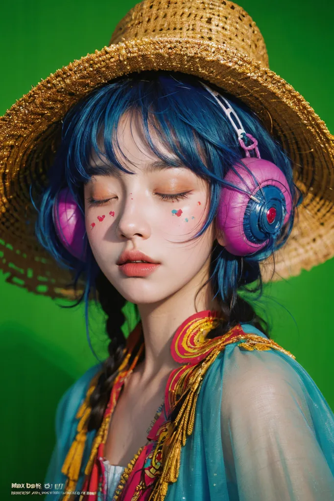 Esta é uma imagem de uma jovem mulher com cabelo azul e fones de ouvido rosa. Ela está usando um chapéu de palha e um vestido colorido. Ela tem os olhos fechados e parece estar apreciando a música. O fundo é verde.