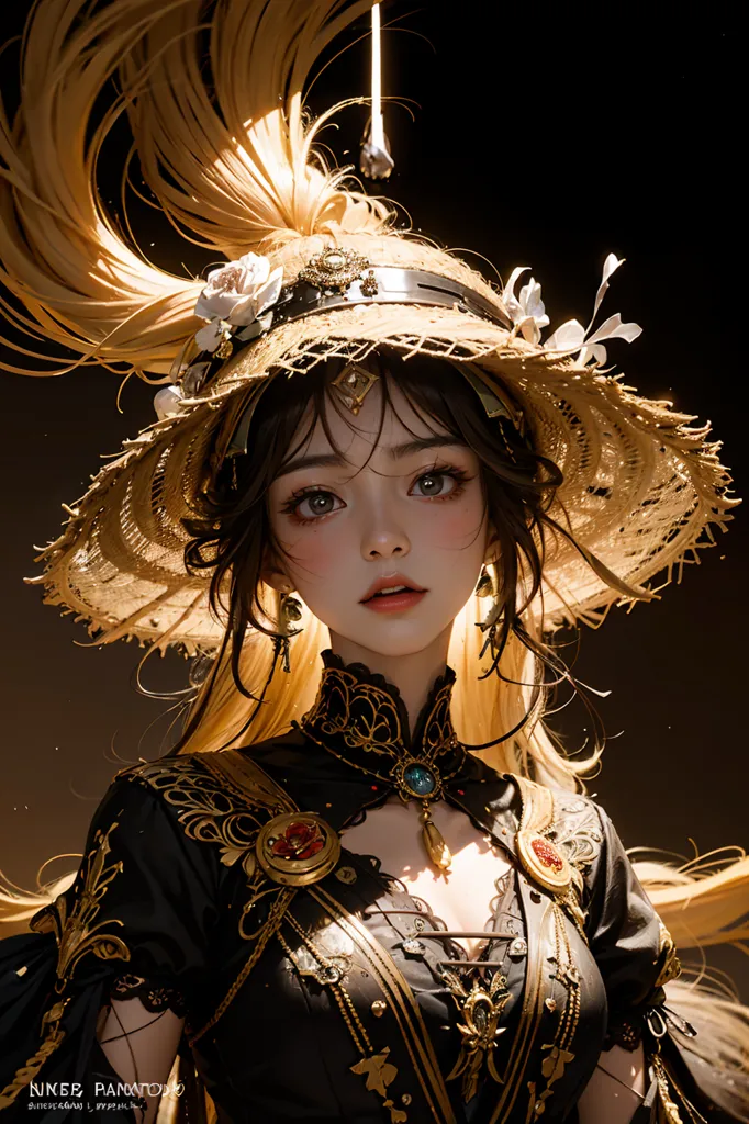 This is an image of a beautiful woman with long golden hair and light golden eyes. She is wearing a black and gold hat with a wide brim and a white flower on the side. The hat is decorated with gold trim and a red jewel in the center. She is also wearing a black and gold dress with a sweetheart neckline and a long, flowing skirt. The dress is trimmed with gold lace and has a row of gold buttons down the front. She is wearing a gold necklace and earrings and her hair is styled in a loose, wavy style. She has a serene expression on her face and her eyes are slightly downcast. The background is a dark color.