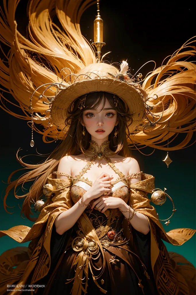 The image is a portrait of a beautiful young woman with long brown hair. She is wearing a golden straw hat and a golden dress with a white camisole. The woman is standing in front of a dark green background, and there is a golden glow around her. She is looking at the viewer with a serene expression.