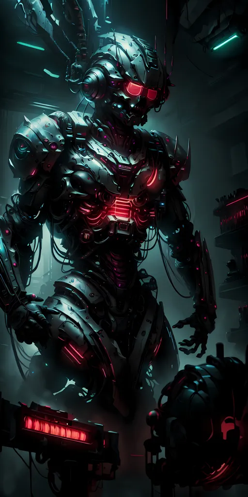 La imagen es una ilustración oscura y detallada de un robot. El robot está de pie en una postura encorvada, con la cabeza ligeramente girada hacia la derecha. Lleva un traje de armadura negro y gris con luces rojas que brillan desde el interior. Los ojos del robot son de un rojo brillante y su boca está abierta en un gruñido. Está rodeado por una serie de cables y cables. El fondo es una pared oscura y sin definir.