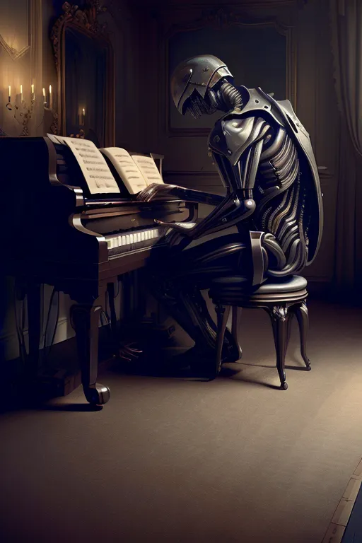 A imagem é de um robô tocando um piano de cauda. O robô é feito de metal e tem um acabamento preto e prata. Ele está usando um capacete e tem um olho verde brilhante. O piano é feito de madeira e tem um acabamento preto. O robô está sentado em um banco e está tocando o piano com a mão direita. A imagem está ambientada em uma sala escura com um holofote iluminando o robô.