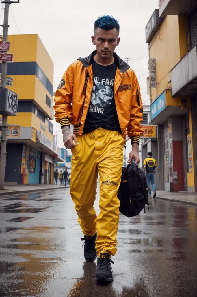 Esta es una imagen de una persona caminando por una calle húmeda de la ciudad. La persona lleva una chaqueta amarilla, una camiseta negra y pantalones amarillos. Tiene una mochila negra en el hombro derecho. La persona tiene el cabello azul y tatuajes en los brazos. Hay personas caminando en el fondo. Hay edificios y un cielo azul en el fondo.