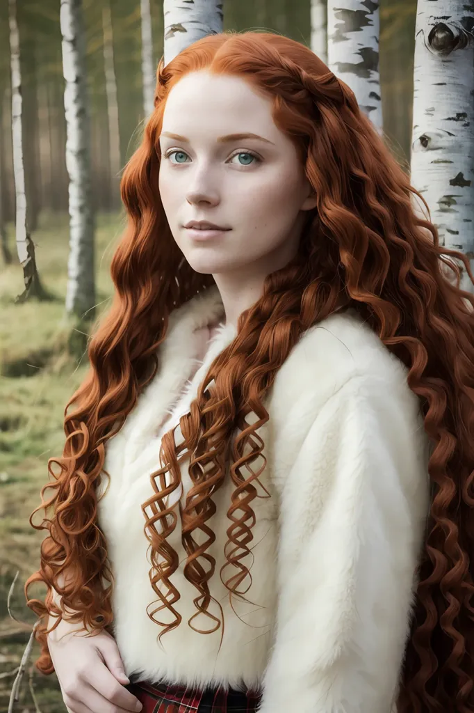 The image is a portrait of a young woman with long, red hair. She is wearing a white fur coat and a red and green tartan skirt. The woman is standing in a forest, and there are trees in the background. The woman has a serious expression on her face, and she is looking at the viewer.