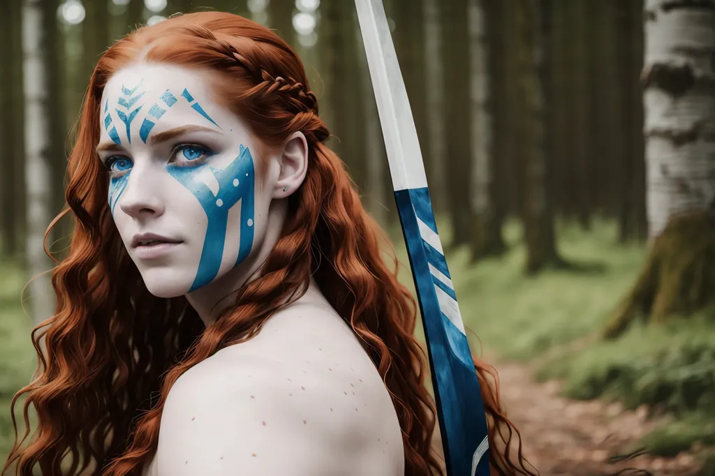 The image shows a young woman with long red hair and blue eyes. She is wearing a white dress with a blue sash and has blue war paint on her face. She is standing in a forest, holding a bow and arrow. The background is blurred, with trees and sunlight shining through.