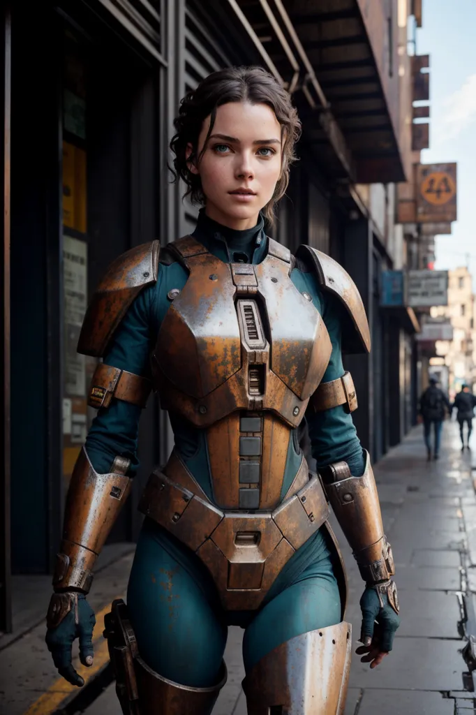 The image shows a young woman, probably in her 20s, wearing a futuristic suit of armor. The armor is made of a light-colored metal and covers her torso, arms, and legs. She is also wearing a helmet that has a visor over her eyes. The woman is standing in a city street, and there are people walking in the background.