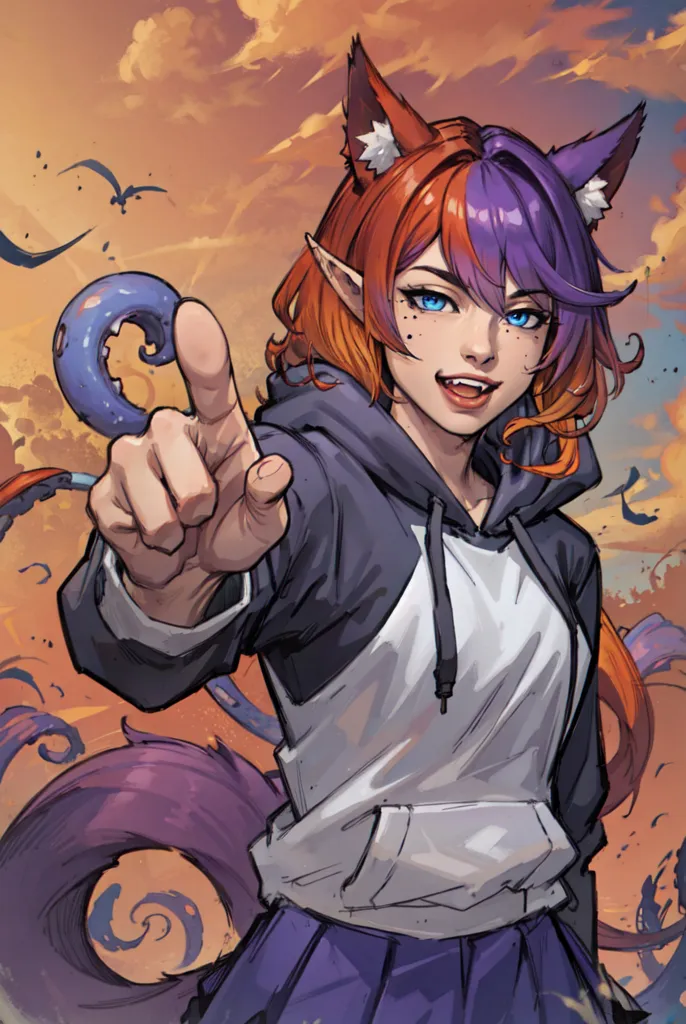 The image is of a young woman with orange and purple hair, cat ears, and a tail. She is wearing a white hoodie and a purple skirt. She has a confident expression on her face and is pointing at the viewer with one hand. In the background, there is a stormy sky with clouds and lightning.