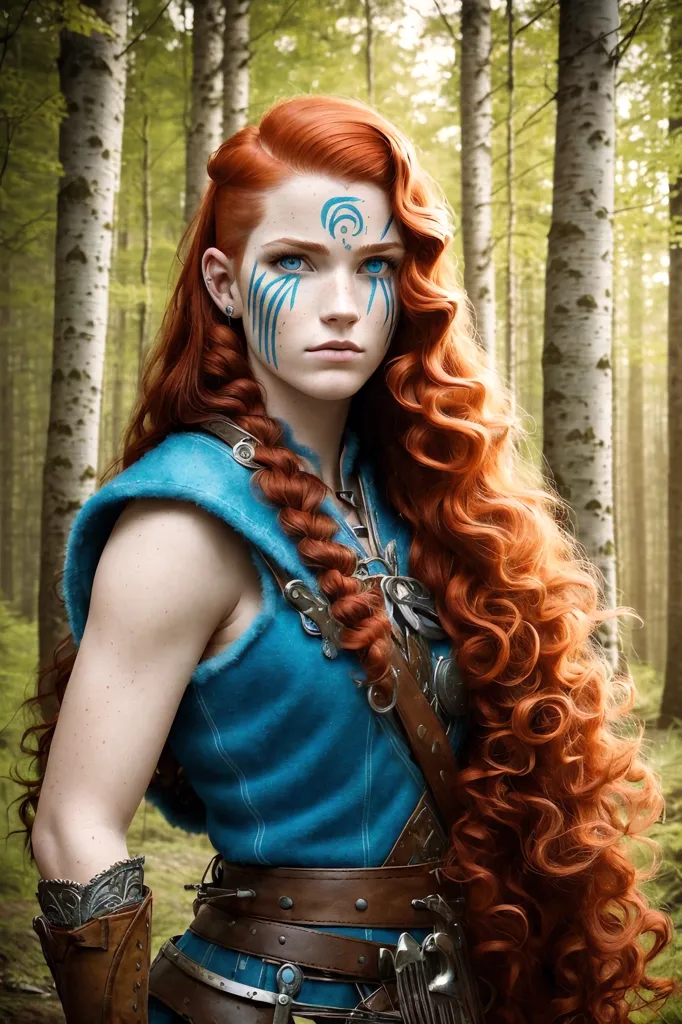 This image shows a young woman with long red hair standing in a forest. She is wearing a blue vest and a brown belt with various objects hanging from it, including a knife. The woman has blue markings painted on her face and a large blue symbol painted in the center of her forehead. She is looking at the viewer with a serious expression.