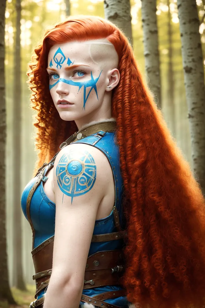 This image shows a young woman with long red hair, blue eyes, and a few tattoos on her face and shoulder. She is wearing a blue leather vest and has a sword strapped to her back. She is standing in a forest and looks like she is ready for battle.