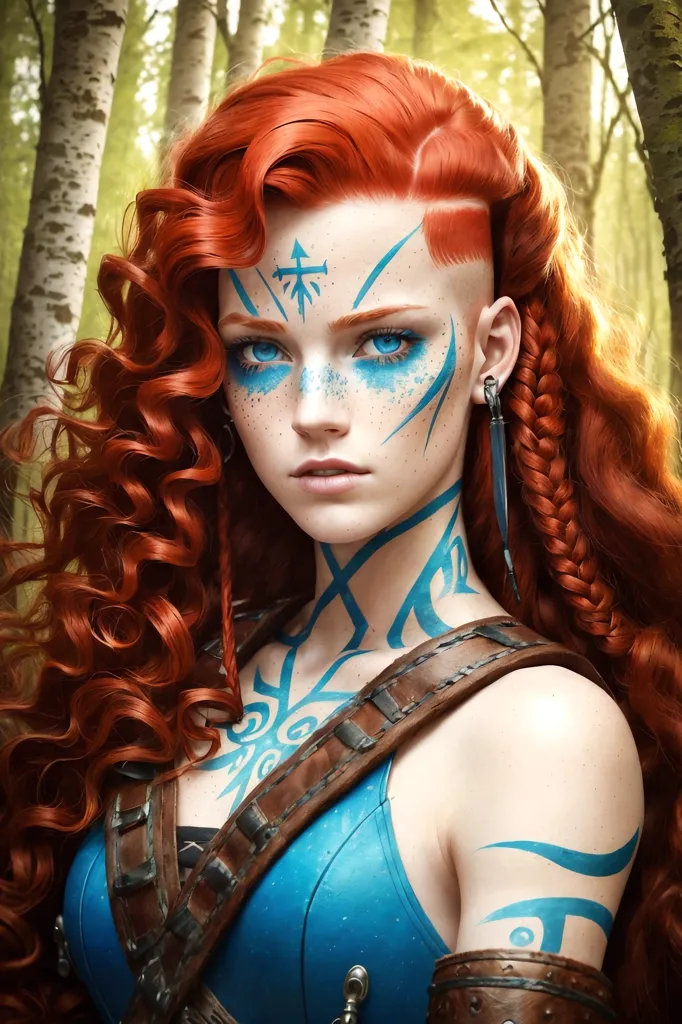 Cette image montre une belle jeune femme rousse aux yeux bleus avec des tatouages d'inspiration celtique sur le visage et le corps. Elle porte un gilet en cuir bleu et une ceinture en cuir marron avec des accents métalliques autour de la taille. Elle porte également un collier et des boucles d'oreilles. L'arrière-plan est flou, mais on dirait qu'elle se tient dans une forêt.