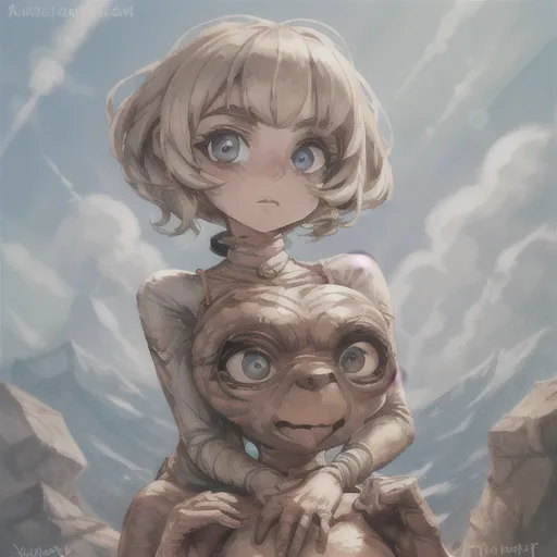 The image is of a young girl with short blonde hair and blue eyes. She is wearing a white dress. She is standing in a rocky field. There is an alien standing in front of her. The alien is small and has a large head with big eyes. It is brown and has a long neck. The girl is smiling at the alien and has her arms wrapped around it. The alien is looking at the girl with a sad expression.