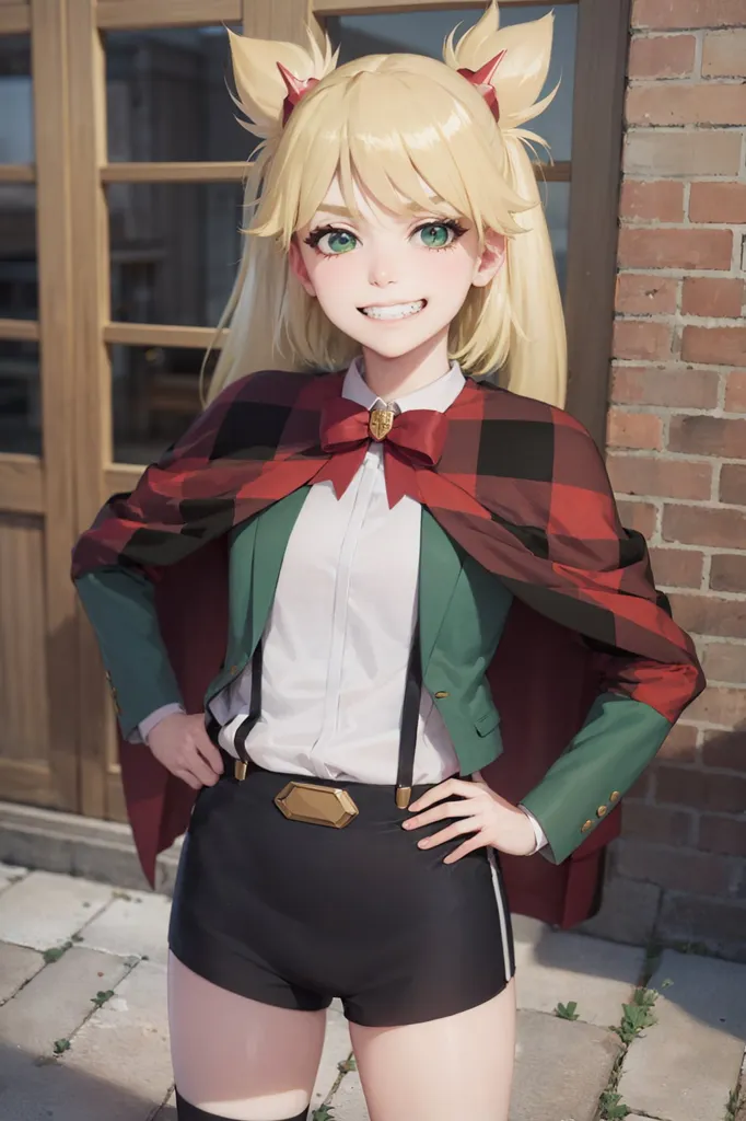 The image shows an anime-style girl with long blonde hair and green eyes. She is wearing a white blouse, a green jacket, and a red and black plaid cape. She also has a red bow tie and black shorts. She is standing in front of a brick building with her hands on her hips and a confident smile on her face.