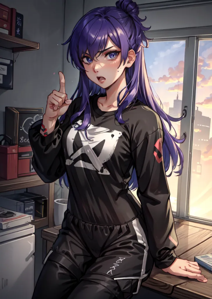 The image is an anime-style illustration of a girl with purple hair and purple eyes. She is wearing a black sweatshirt and black pants with white stripes on the side. She is standing in a room with a window behind her. The window is showing a sunset. There are some boxes and a shelf on the left side of the image. The girl is looking at the viewer with a serious expression on her face, and she is pointing her finger up as if she is telling the viewer to be quiet.