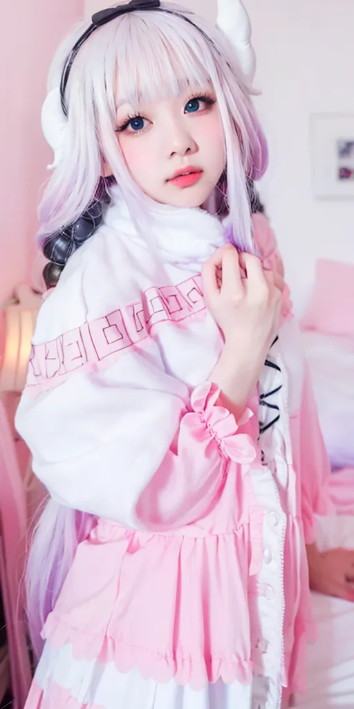 The image shows a young woman with long white and purple hair. She is wearing a pink and white dress with a white bow in her hair and has blue eyes. She is standing in a bedroom with a pink bed and white walls.