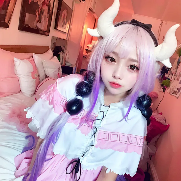 The image shows a young woman with long purple and white hair. She is wearing a pink and white dress with a white headband with two large white horns. The woman is sitting on a bed with a pink comforter and white pillows. The background of the image is a pink wall with two paintings.