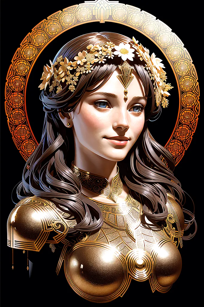 The image shows a young woman with long brown hair and blue eyes. She is wearing a golden armor and a wreath of flowers on her head. The background is black with an orange halo around her head.