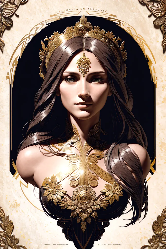 The image shows a woman with long brown hair and brown eyes. She is wearing a golden crown and a golden necklace. Her dress is also gold and has a leaf-like pattern. The background is white with a black oval frame with flourishes in each corner. There is a gold frame around the image with leaves in each corner.