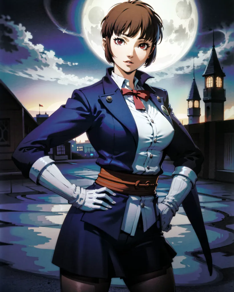 This is an image of a young woman with short brown hair and red eyes. She is wearing a blue suit jacket with a white button-down shirt and a red bow tie. She is also wearing a brown belt and white gloves. She is standing in front of a European-style building with a clock tower and a large moon in the background.