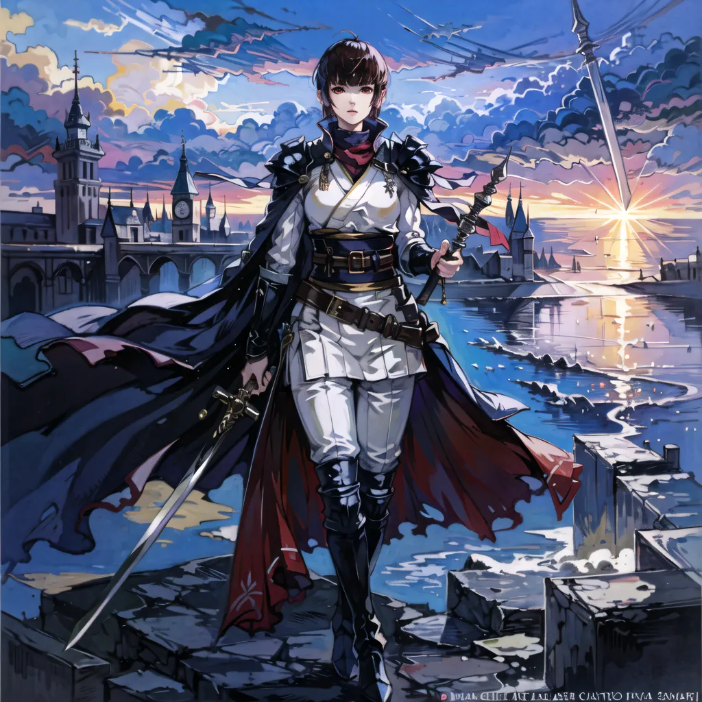 This is an image of a woman standing on a broken bridge. She is wearing a white and black outfit and a black cape. She is also wearing a sword on her left hip and a dagger on her right hip. The background of the image is a sunset over a city. The sky is orange and the clouds are blue. There are also some buildings in the background. The woman is looking at the sunset.